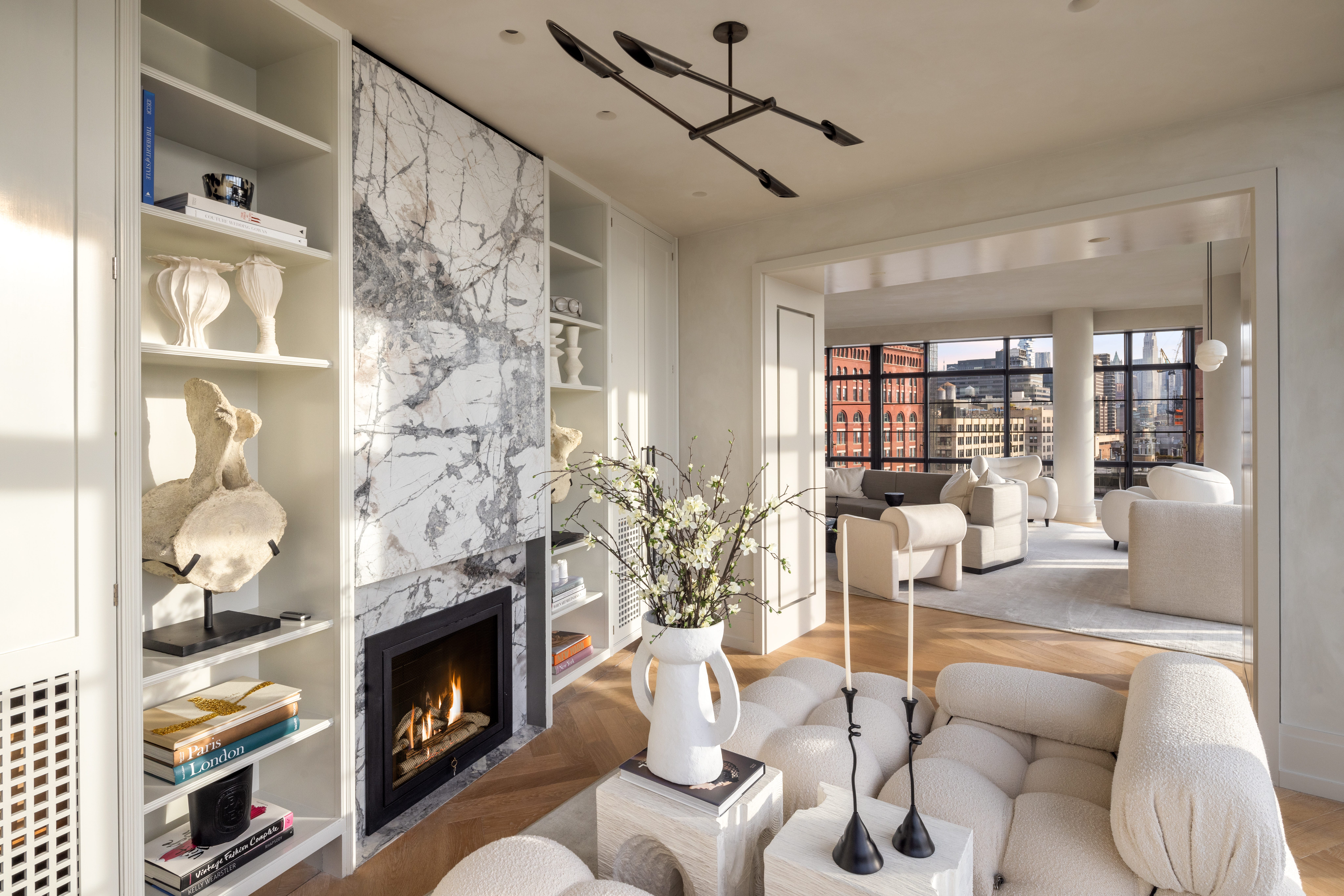 A 3D rendering of the living room of unit 9A of the 150 Charles Street building.