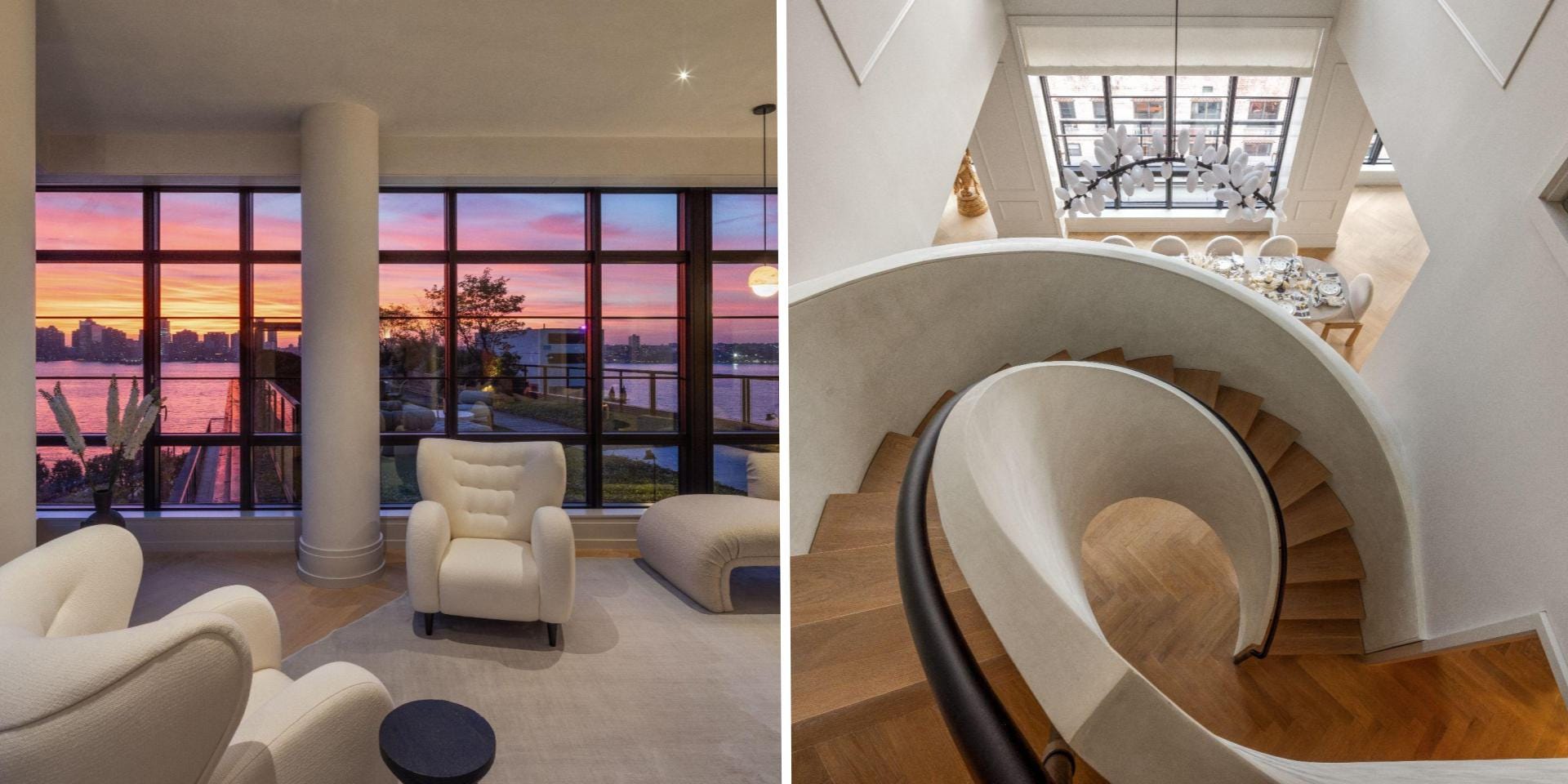 Inside a luxury condo, two side-by-side images of a sitting area and a spiraling staircase.