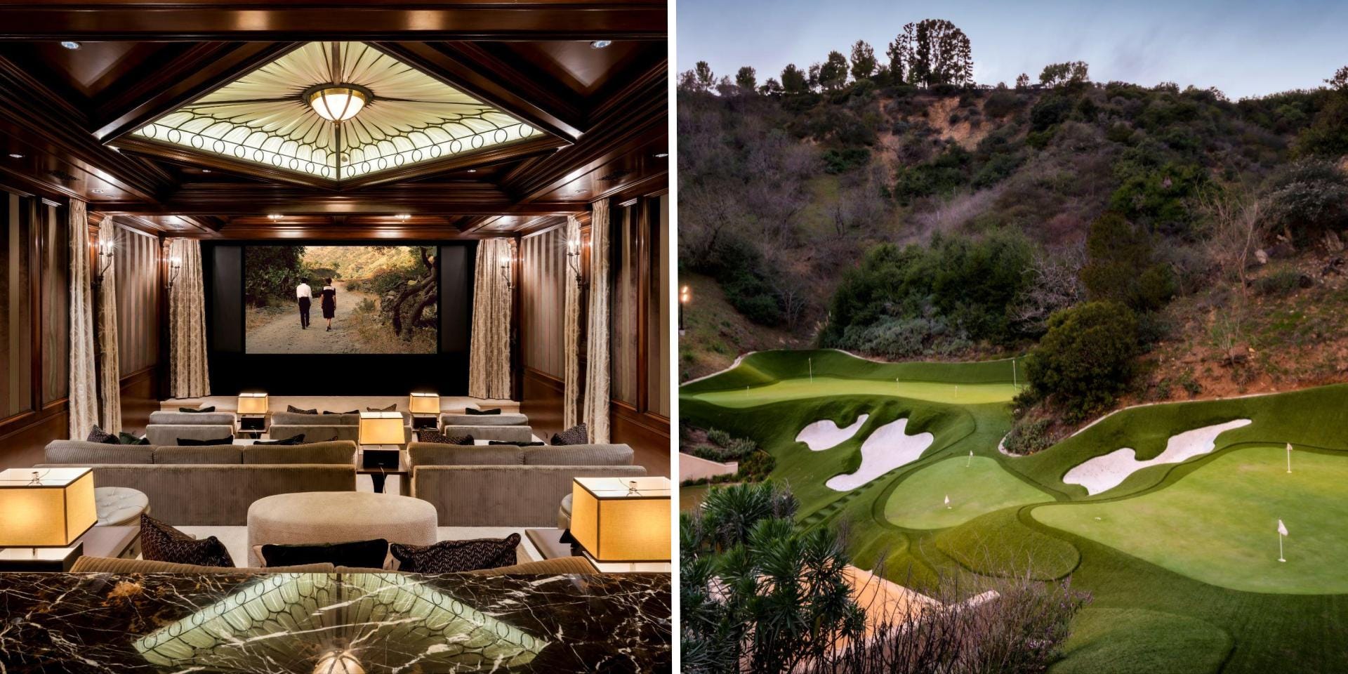 Side by side images of the home's theater and private golf course.