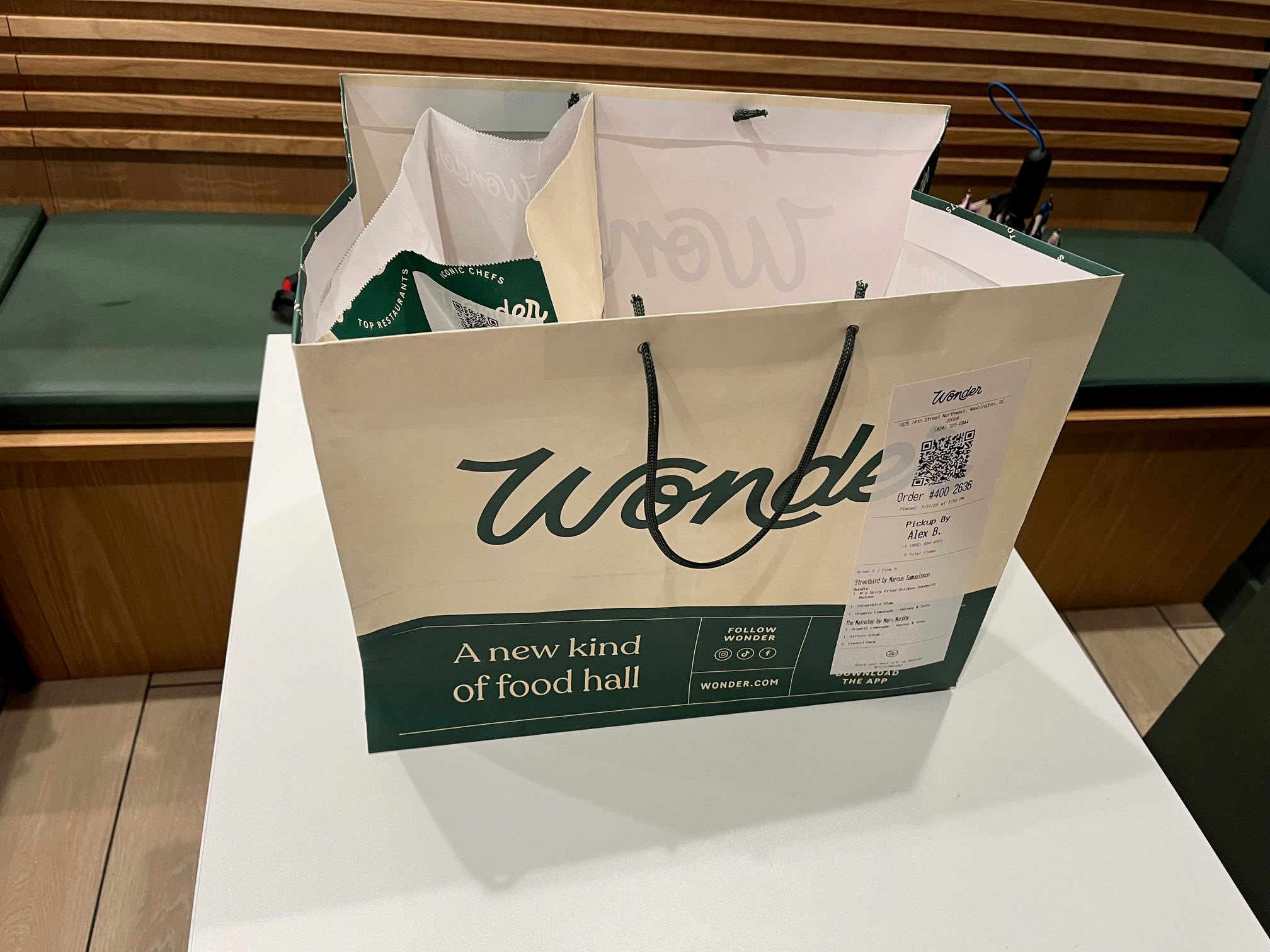 A Wonder to-go bag with the author's order