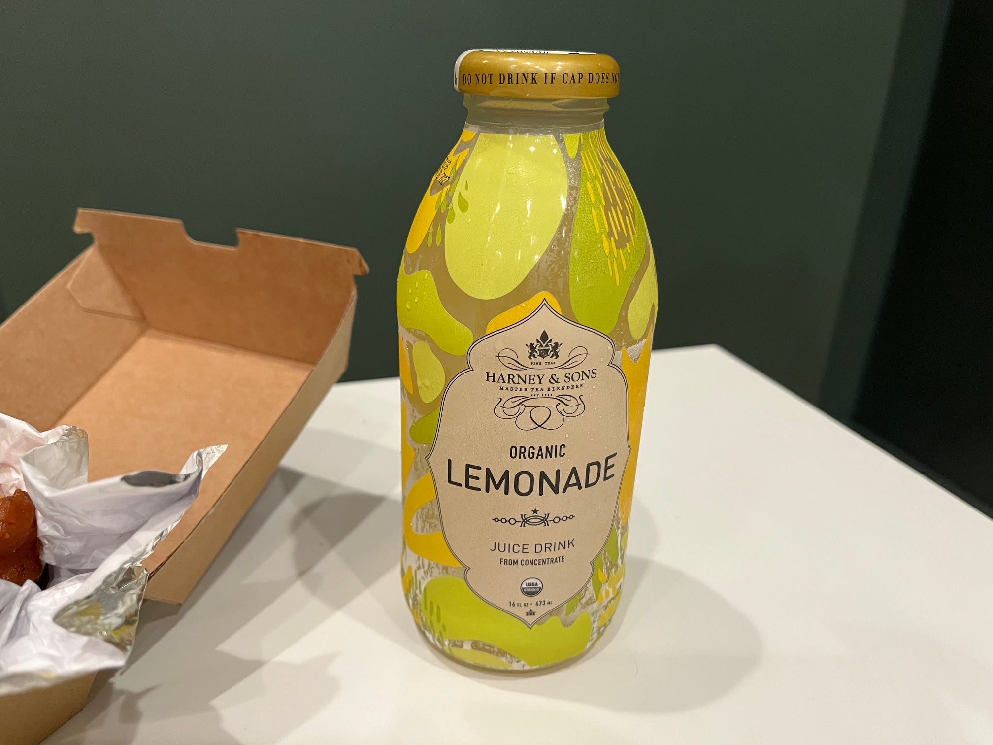 A bottle of Harney & Sons Organic lemonade.