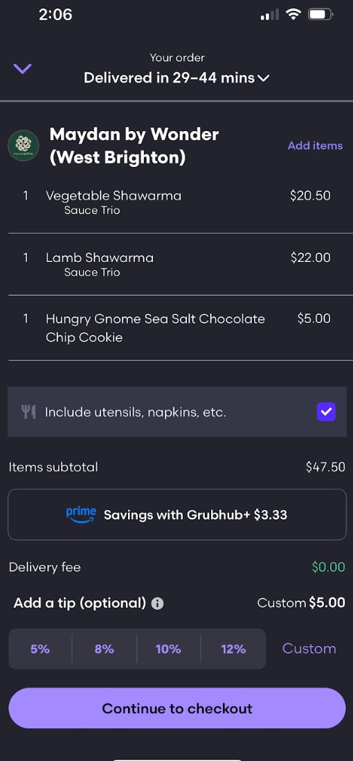 An ordering screen on the Seamless app for food from Wonder
