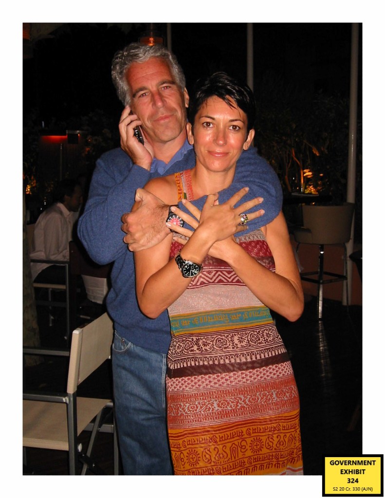 Photo of Jeffrey Epstein and Ghislaine Maxwell embracing.