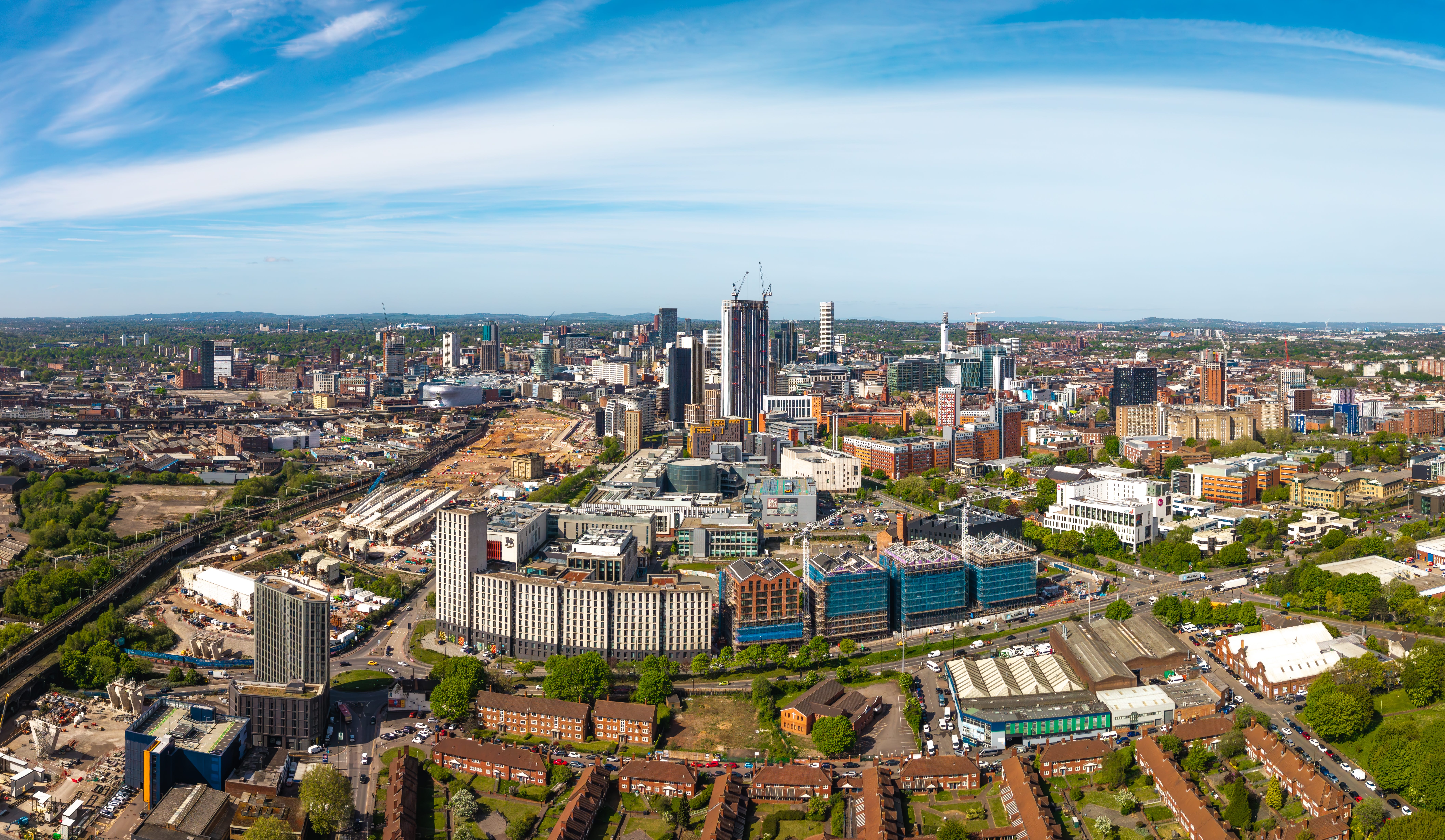 Aerial view of city buildings in Birmingham