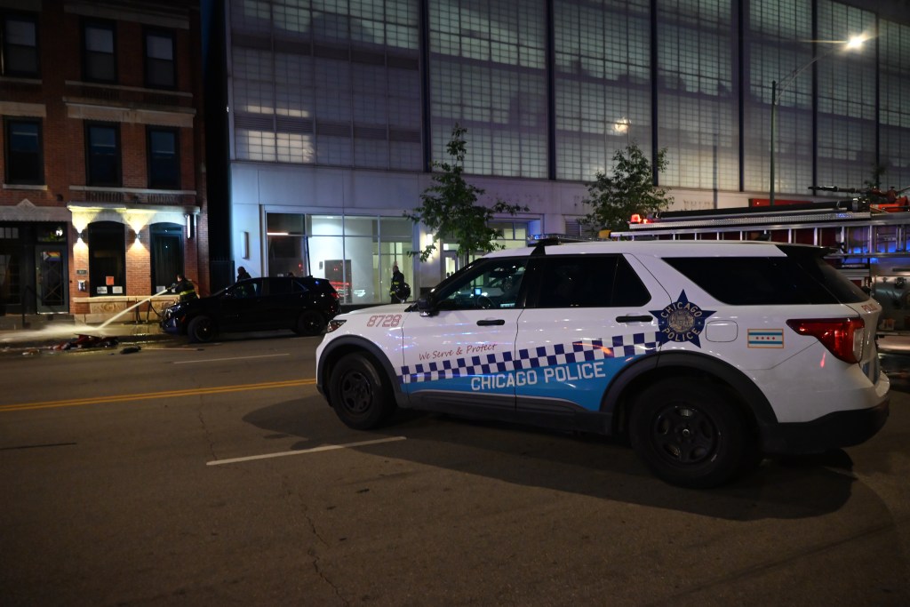 Chicago police car at a crime scene.