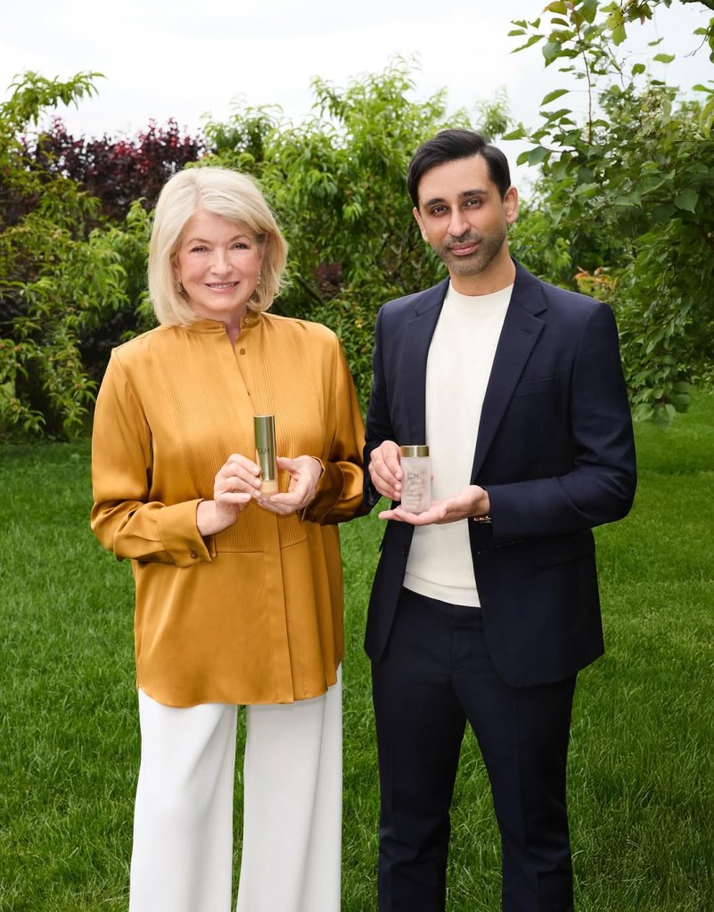 Martha Stewart and Dr. Dhaval Bhanusali holding products from her new skincare line 