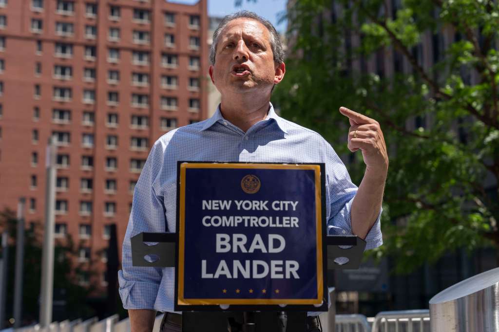 Brad Lander, New York City Comptroller, speaking at a press conference.