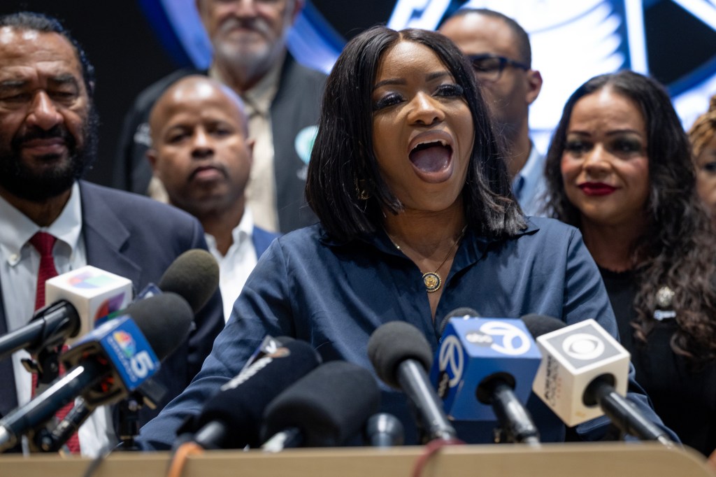 Rep. Jasmine Crockett and other Texas House Democrats at a press conference.