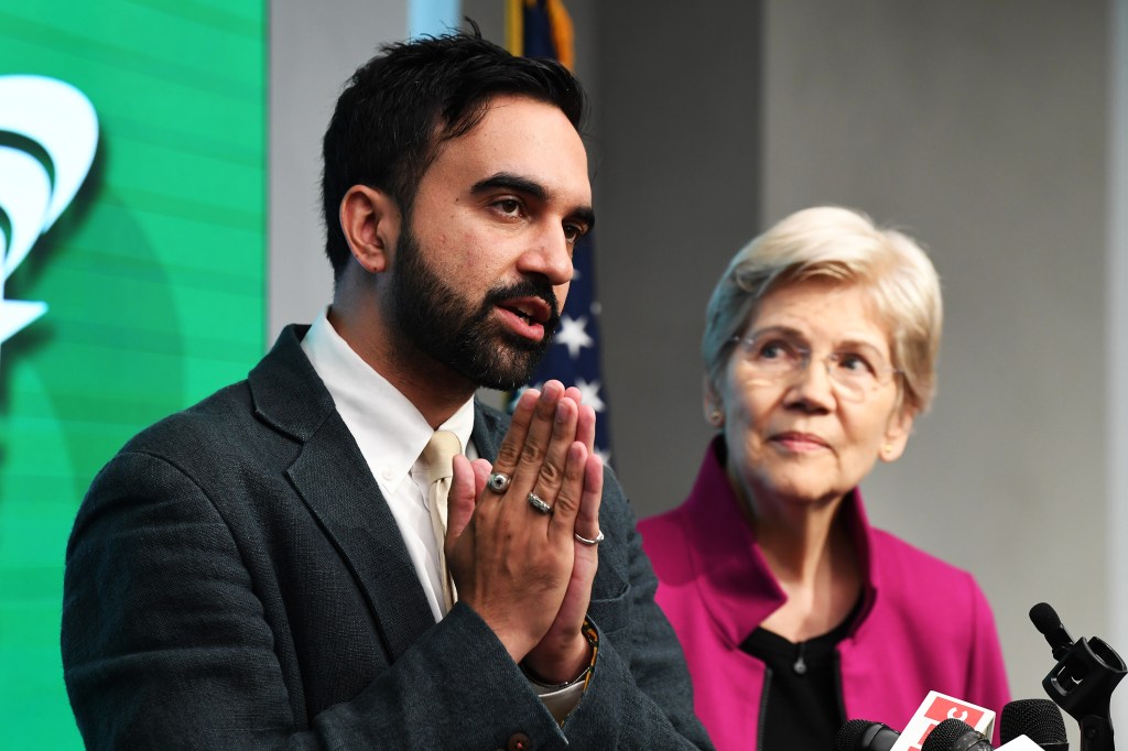 NYC Mayoral candidate Zohran Mamdani receives the backing of Senator Elizabeth Warren during a press conference held at District Council 37, as he talks of his plans for free childcare for all New York parents.