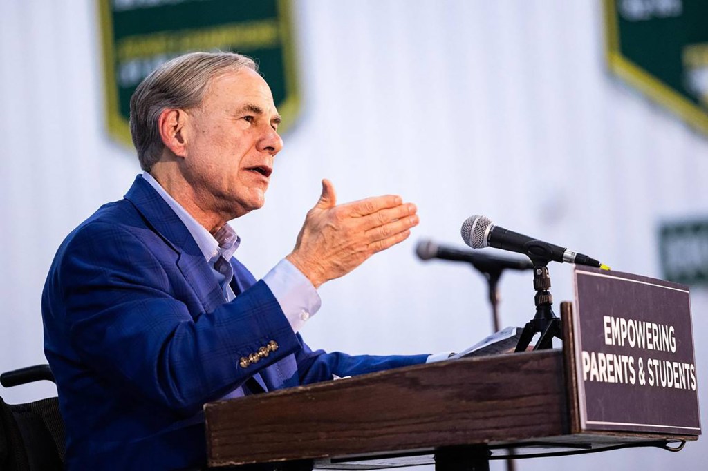 Abbott speaks to a group of event attendees for his Parent Empowerment Night event where he advocated for school choice and vouchers at Temple Christian School in Fort Worth, Texas, on March 6, 2025.
