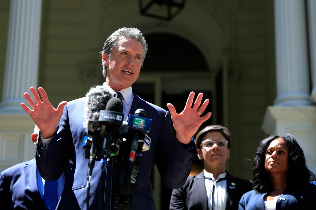California Gov. Gavin Newsom speaks during a news conference with Texas lawmakers at the Governor’s Mansion on July 25, 2025 in Sacramento, California. California Gov. Gavin Newsom met with Texas lawmakers to push back on Texas's redistricting maneuver that aims to tilt the outcome of the 2026 midterm elections and on how California plans to respond.