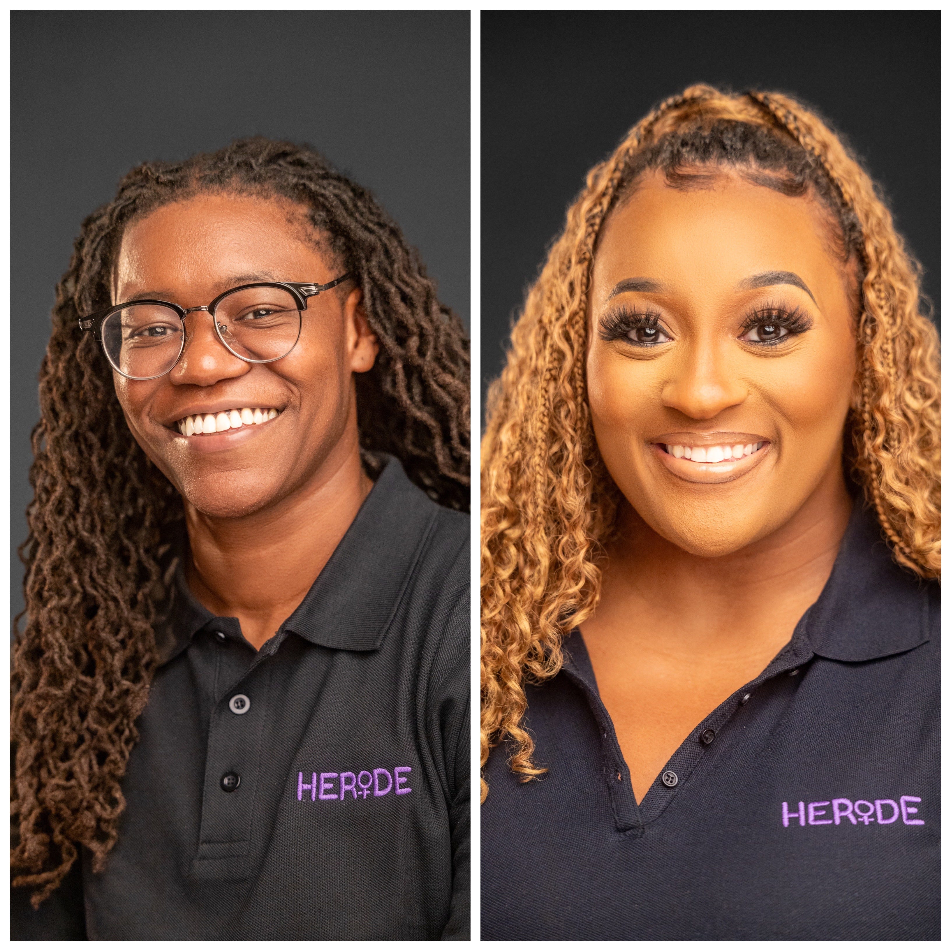 Jillian Anderson (left) and Devynne Starks, co-founders of ride-hailing service HERide, wear black shirts and pose