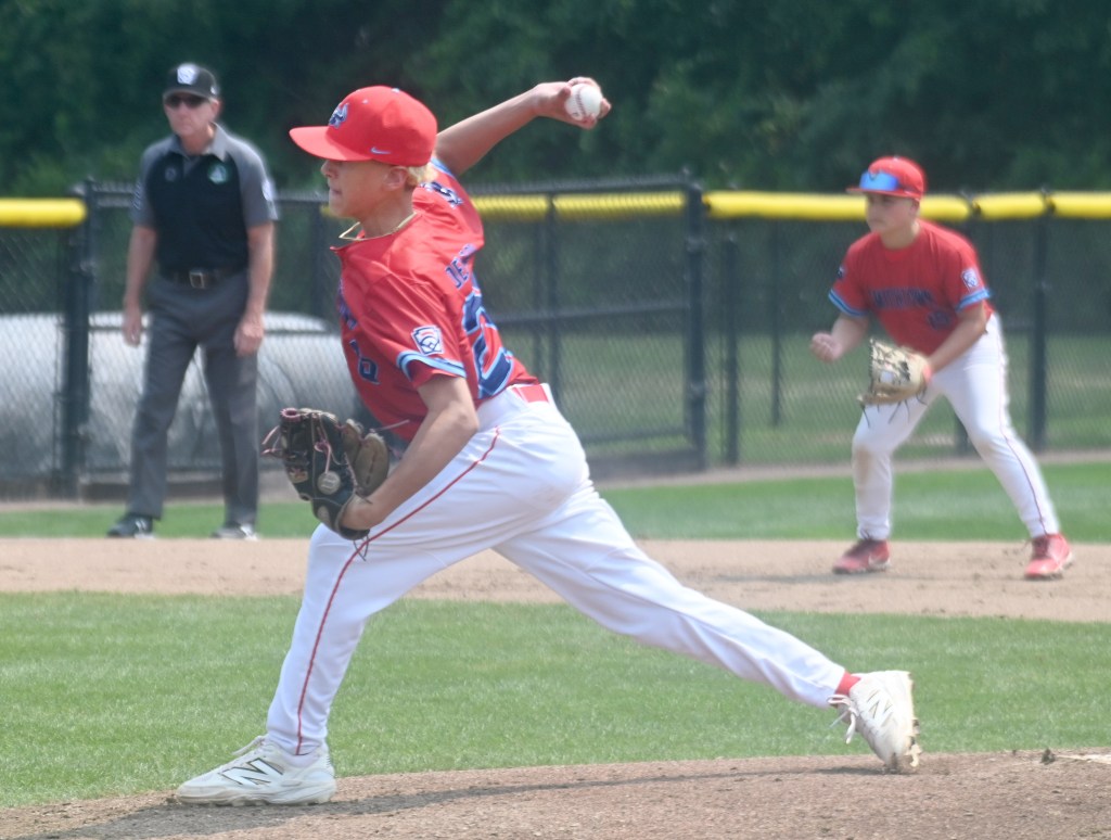 St James Smithtown starting pitcher Ryan Delgado (27) during the East Regional Little Tournament game, Fairfield vs St Jamestown, on Monday.