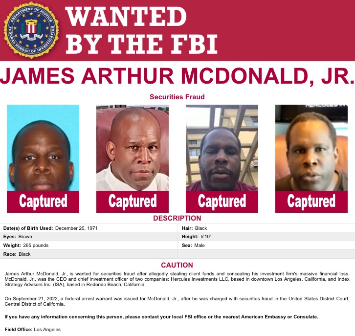 FBI Wanted poster for James Arthur McDonald Jr., captured, for securities fraud.