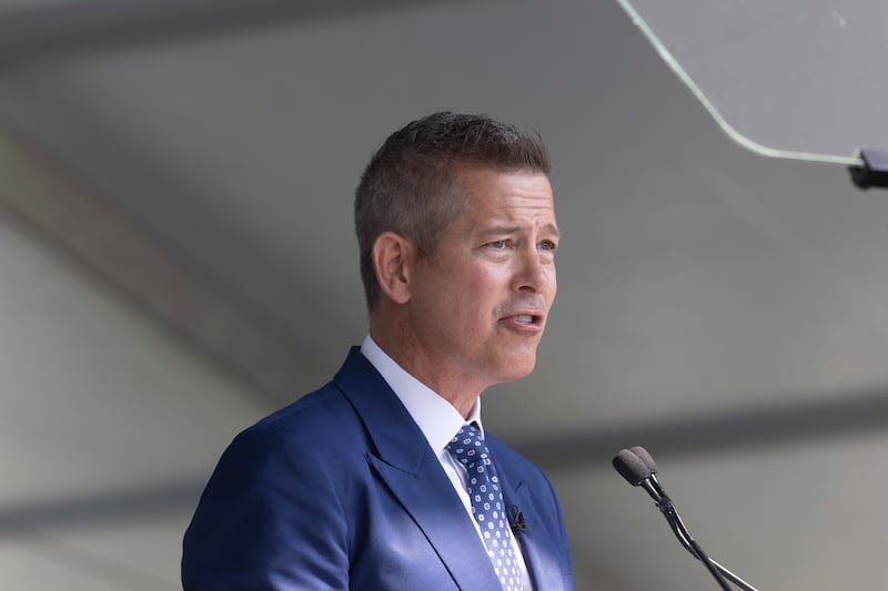 Kings Point, N.Y.: U.S. Secretary of Transportation Sean Duffy speaks to the United States Merchant Marine Academy Class of 2025 at their graduation ceremony on June 23, 2025 in Kings Point, New York. (Photo by Howard Schnapp/Newsday RM via Getty Images)