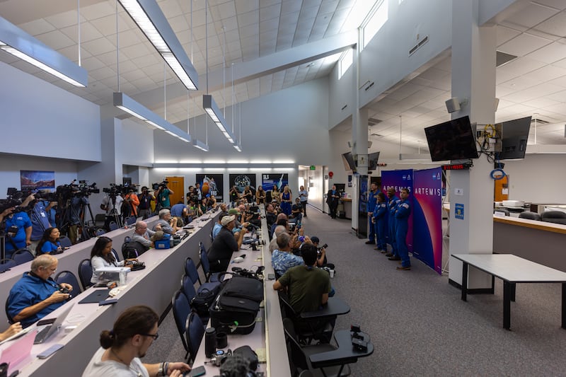 The four astronauts from the Artemis II crew to the moon speak to the media ahead of testing at Kennedy Space Center in Merritt Island, FL, on July 30, 2025. (Photo by Austin DeSisto/NurPhoto via Getty Images)