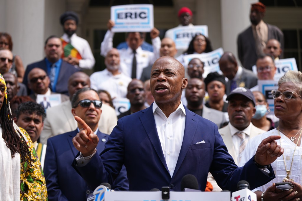 Mayor Eric Adams speaking at a re-election endorsement ceremony.