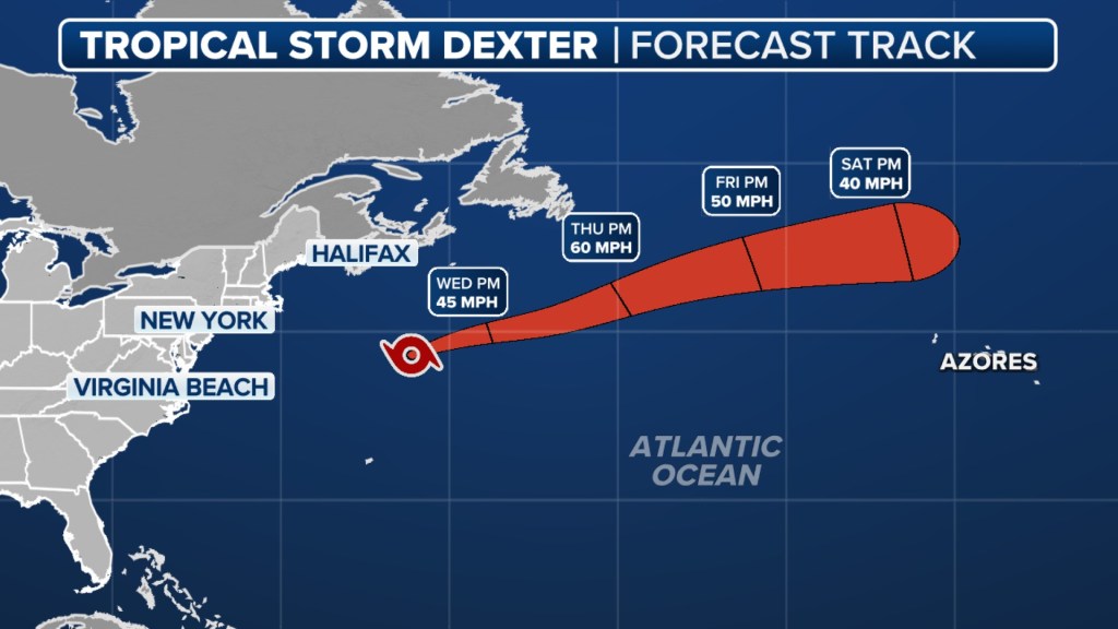 Tropical Storm Dexter forecast track map.