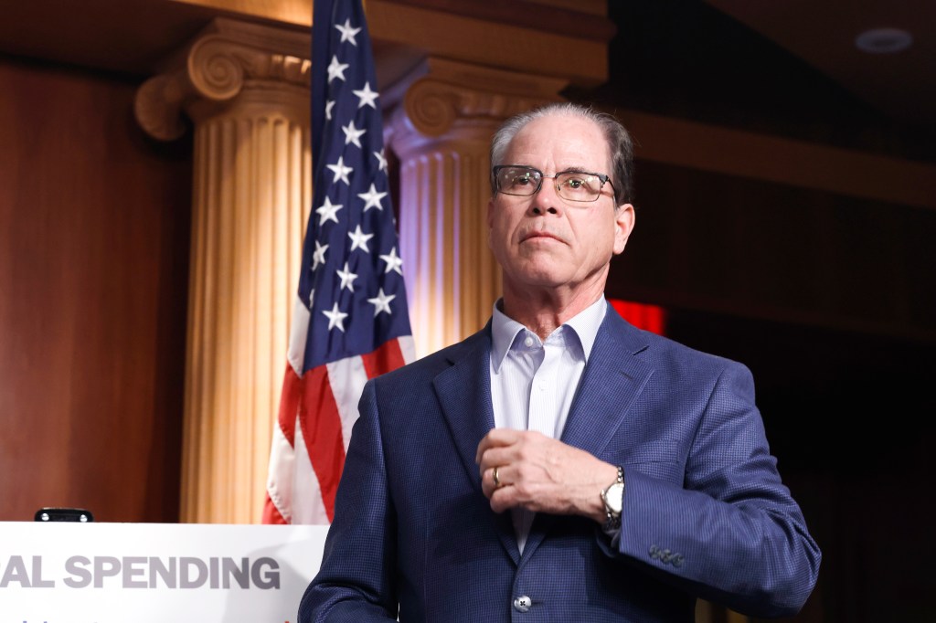 Sen. Mike Braun at a Senate Republican news conference on the debt ceiling.