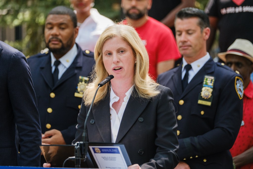 NYPD Commissioner Jessica Tisch speaking at a press conference.