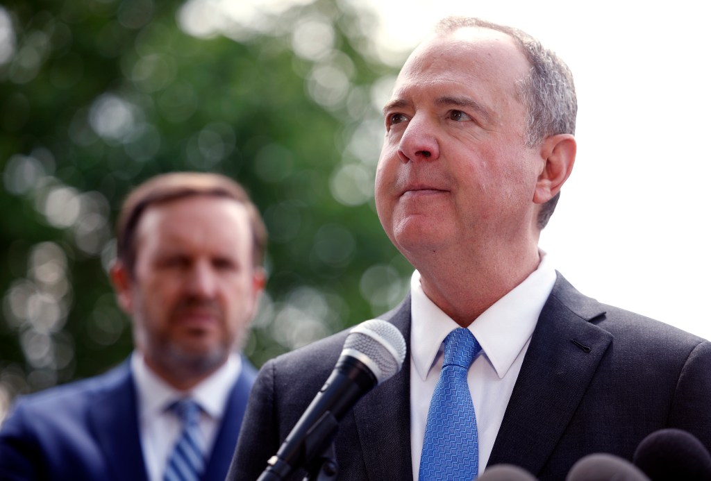 Sen. Adam Schiff speaking at a press conference about the Assault Weapons Ban of 2025.