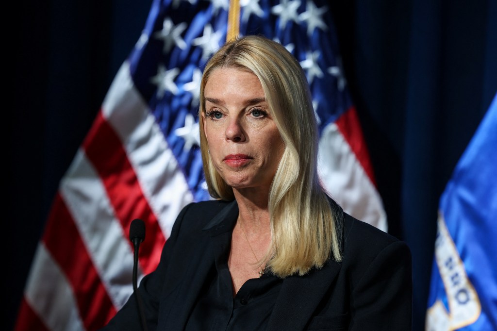 Attorney General Pam Bondi at a press conference.