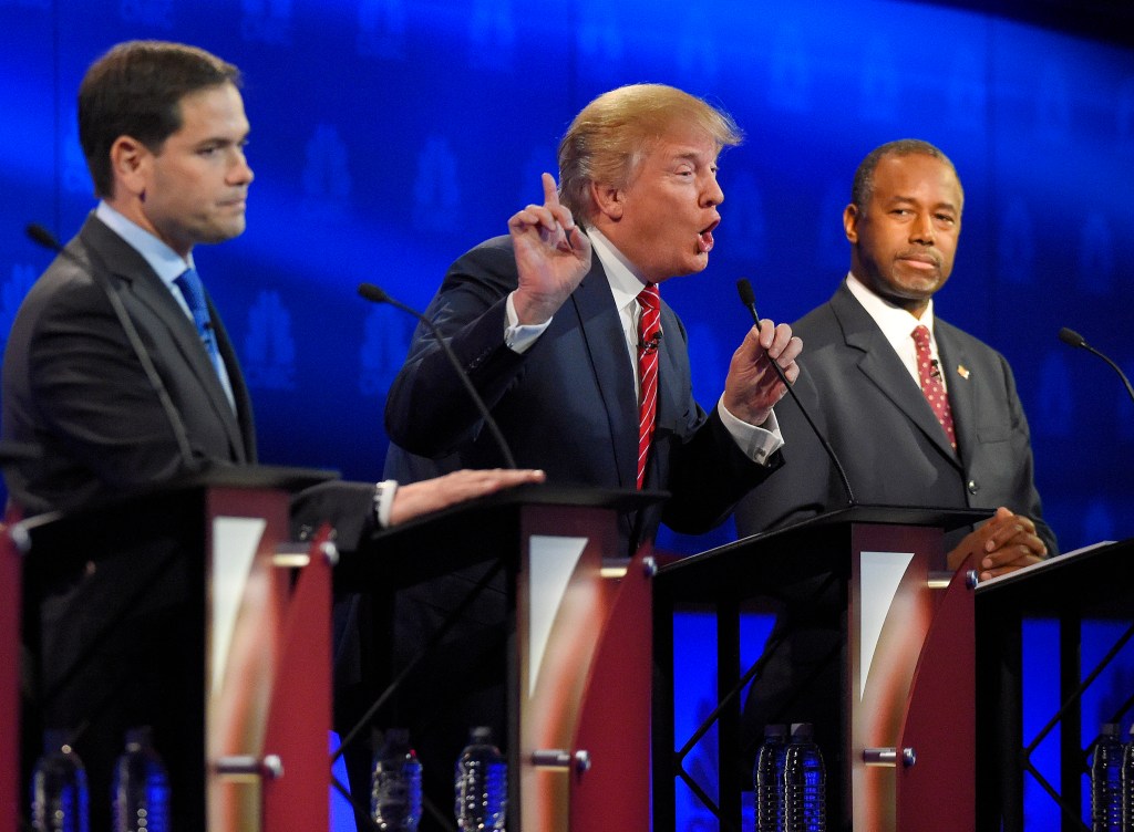 2016 GOP debate featuring Donald Trump, Marco Rubio, and Ben Carson.