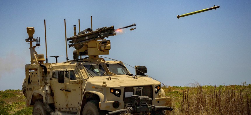 A U.S. Marine Air Defense Integrated System (MADIS) fires at a drone during a live fire exercise as part of U.S.-Philippines joint military exercises at Naval Station Leovigildo Gantioqui on April 27, 2025 in San Antonio, Philippines. 