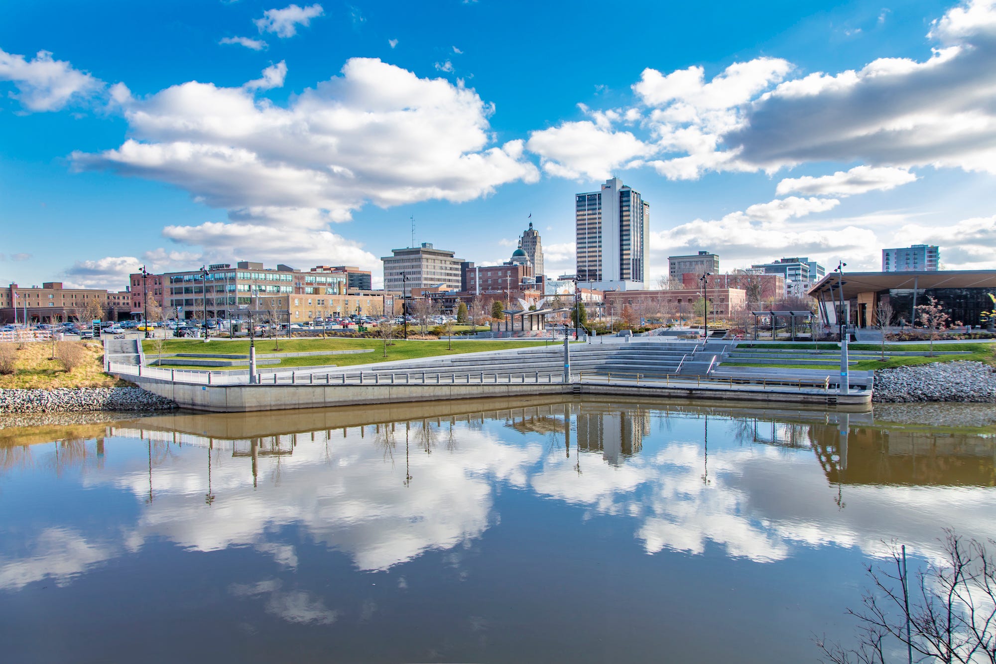 Fort Wayne, Indiana seen from the water with clouds overhead