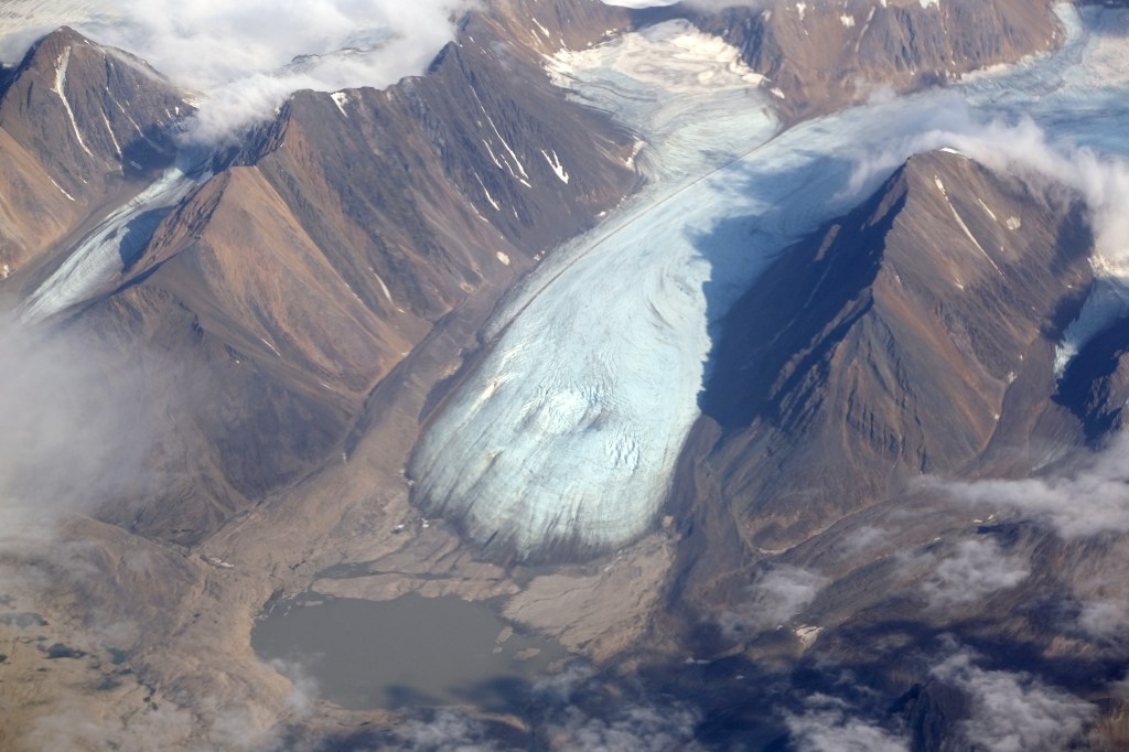Aerial view of a glacier in Svalbard.