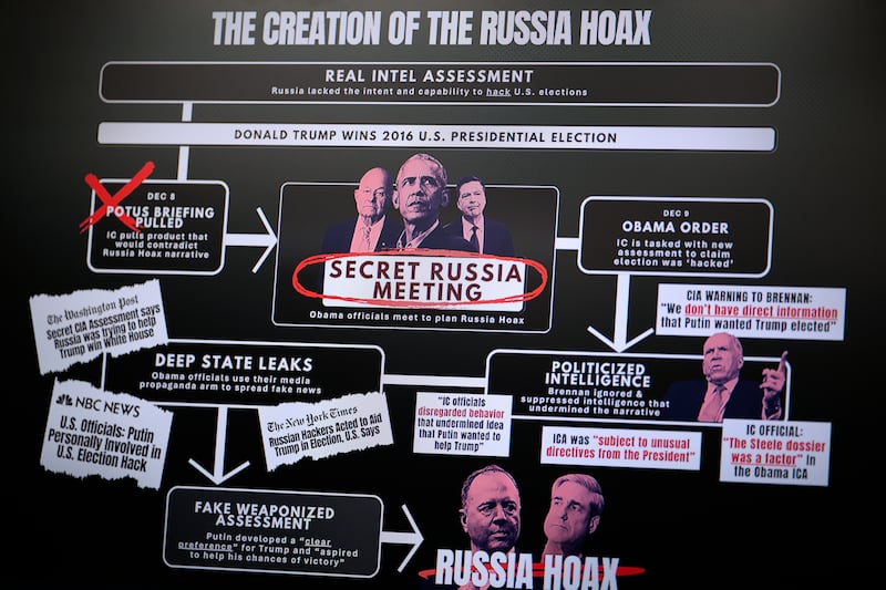 Director of National Intelligence Tulsi Gabbard's display board on July 23 as she accused President Obama and his team of manufacturing intelligence on Russian meddling in the 2016 election, but her declassification of documents while providing some new details has not delivered clear proof to back her argument.