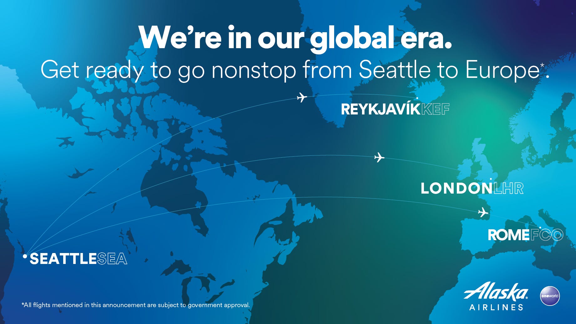 A map showing Alaska Airlines flights from Seattle to Reykjavik, London, and Rome.
