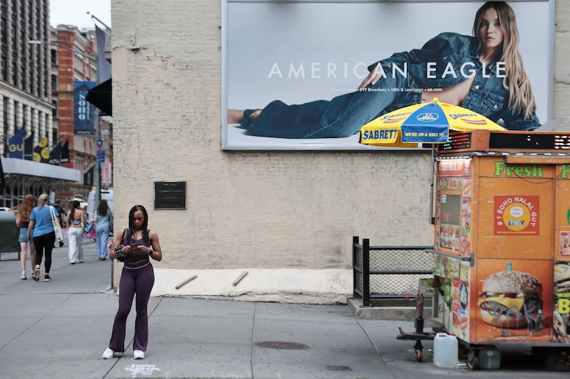A billboard featuring actress Sydney Sweeney is seen outside an American Eagle store on August 1, 2025 in New York City.