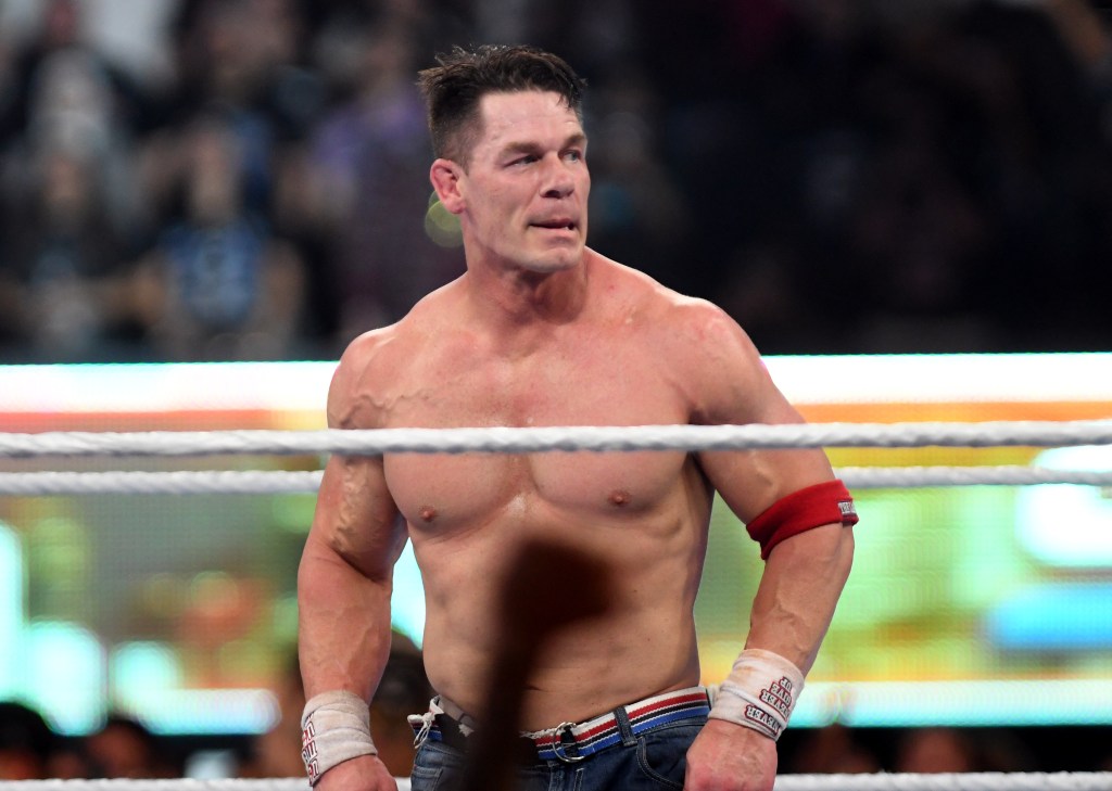 John Cena shirtless at a WWE match in August 2025.