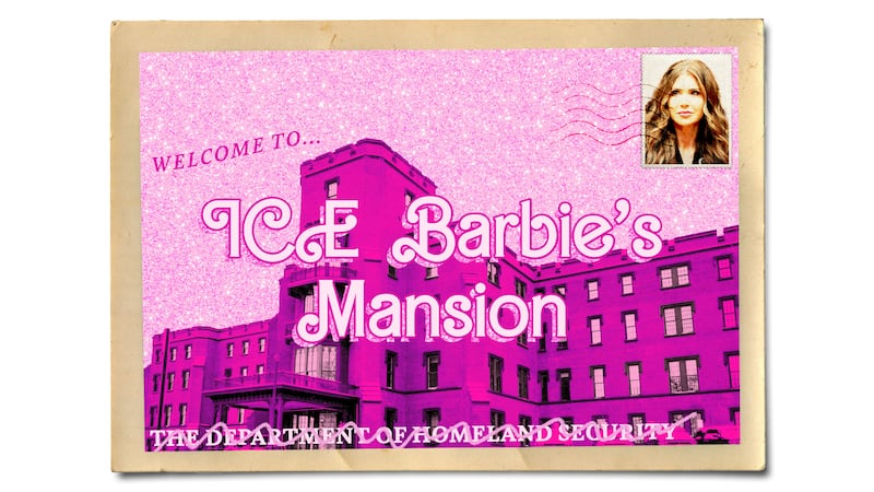 Vintage inspired postcard of a pink department of homeland security building having been renamed