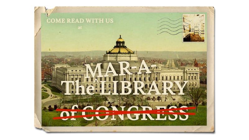 Vintage inspired postcard showing the Library of Congress that has been renamed "the mar-a-library"