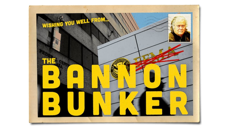 Vintage inspired postcard of the fema building being renamed the bannon bunker