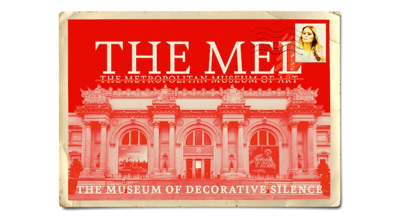 Vintage inspired postcard of the Metropolitan Museum of Art in New York being renamed "the mel" "the museum of decorative silence"
