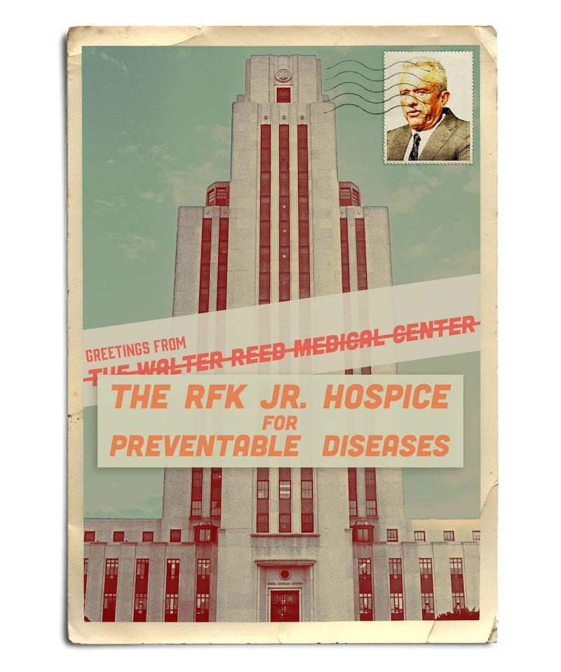 Vintage inspired postcard with RFK Jr on a stamp in front of the Walter Reed Medical Center with a new title reading "the rfk jr hospice for preventable diseases"