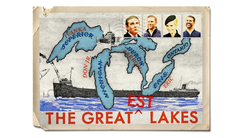 Vintage inspired postcard of the great lakes being renamed "the greatest lakes" and lakes renamed after Ivanka, Barron, Eric, and Don Jr. Trump
