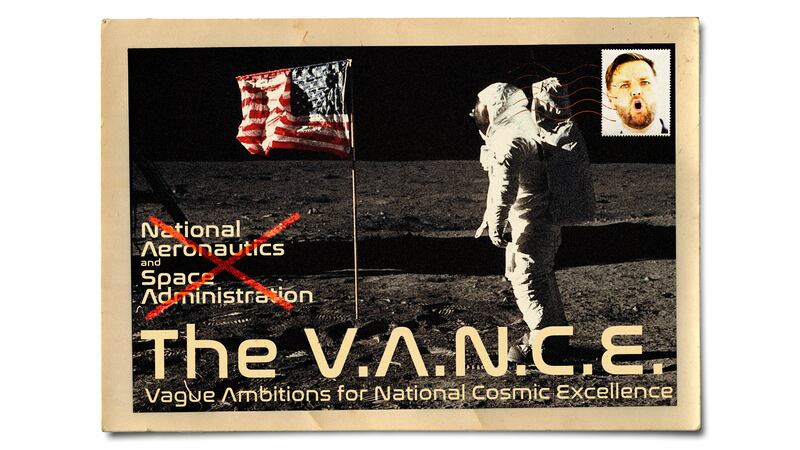 Vintage inspired postcard of the nasa moon landing being renamed "the vance: vague ambitions for national cosmic excellence"