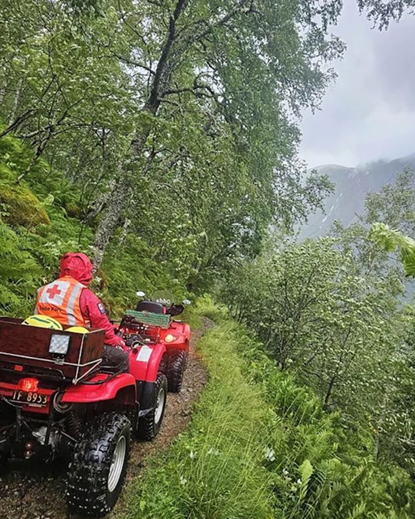 Norwegian Red Cross search and rescue team on ATVs.