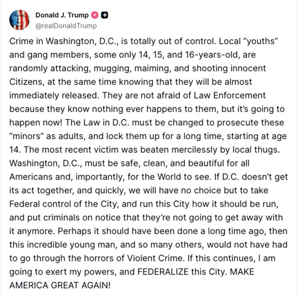 President Trump has threatened a federal takeover of DC over crime.