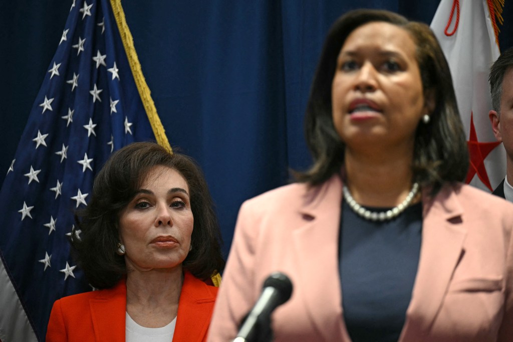 Jeanine Pirro and Muriel Bowser at a press conference.