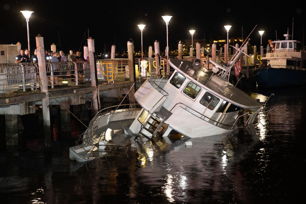 A fishing boat sank at Pier 1 in Sheepshead Bay in Brooklyn, NY on Aug. 6, 2025.