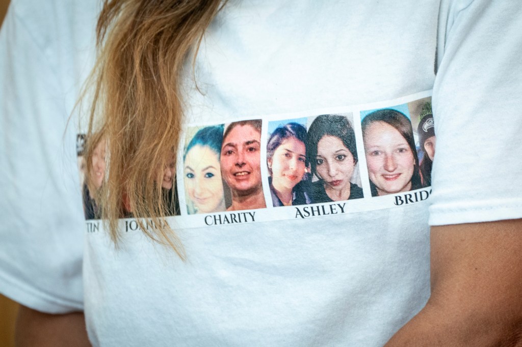 Family members were a shirt printed with the photos of several women allegedly killed by Calhoun during a court hearing at the Multnomah County Courthouse on Aug. 5, 2025.