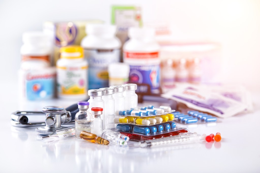 Medication, pills, and medical supplies.