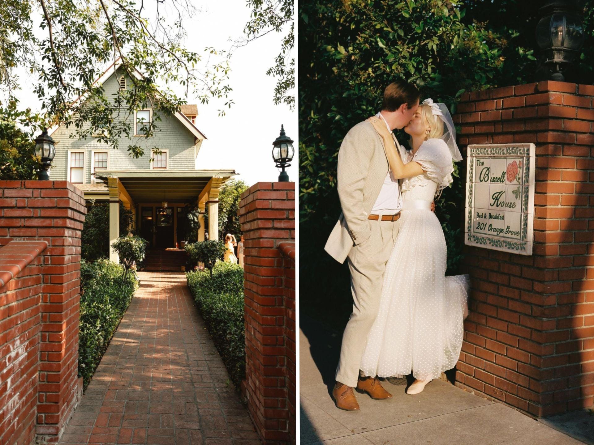 A side-by-side of a house and a bride and groom kissing in front a sign for it.