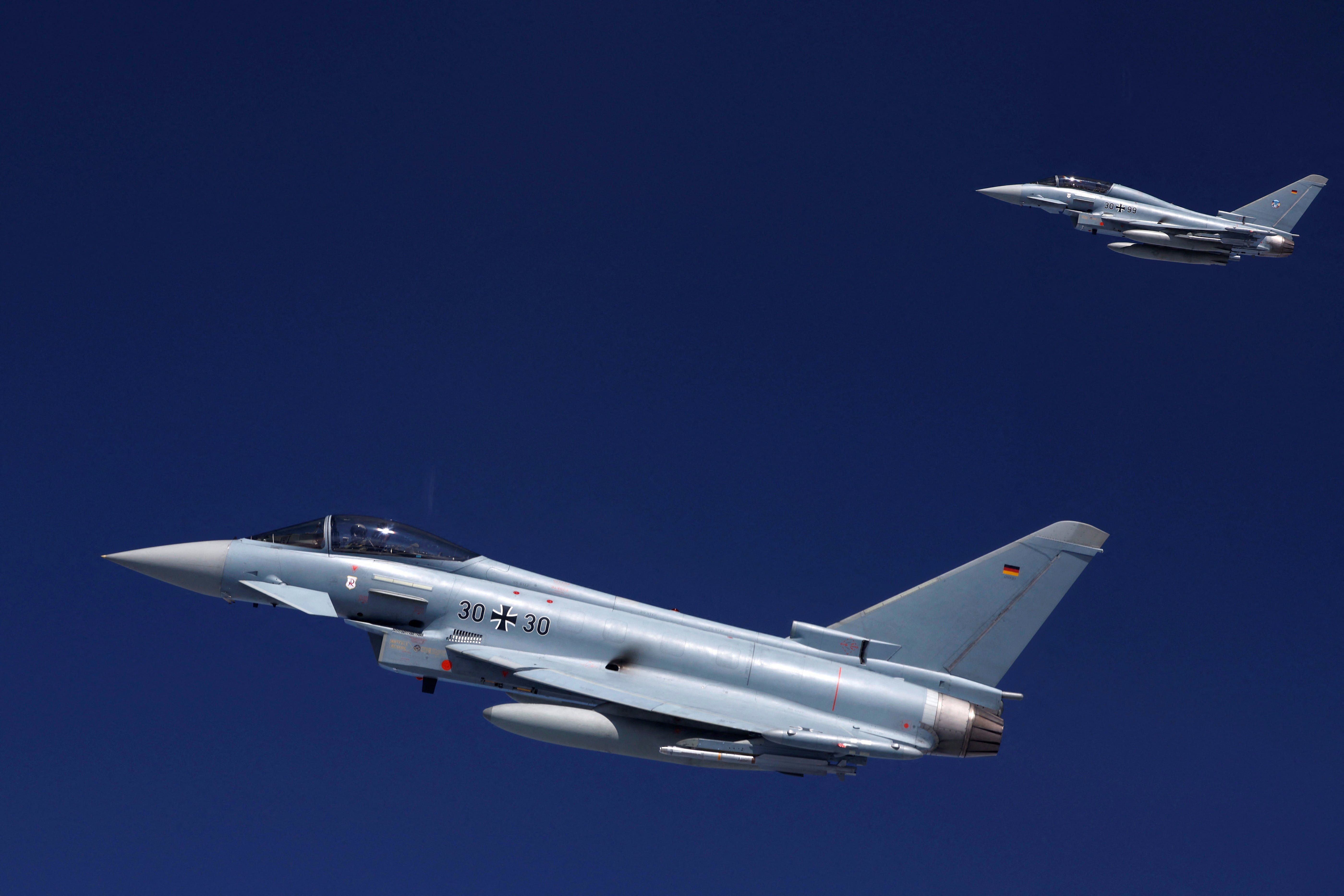 German Air Force Eurofighter Typhoon fighter jets fly in the sky