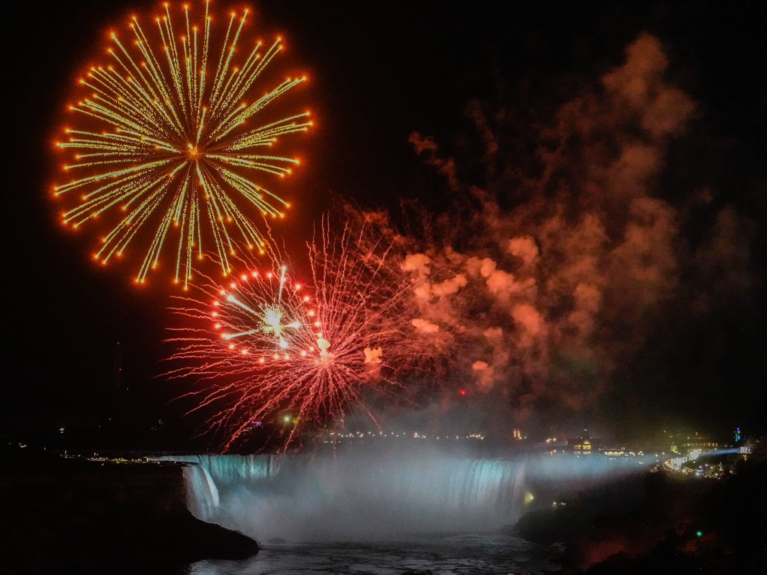 Views from the Sheraton Fallsview hotel room window at night with fireworks